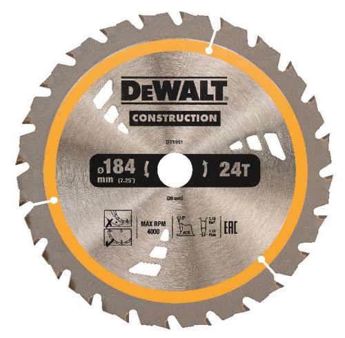 DEWALT CONSTRUCTION CIRKELZAAGBLAD 184 X 20MM 24 TANDS